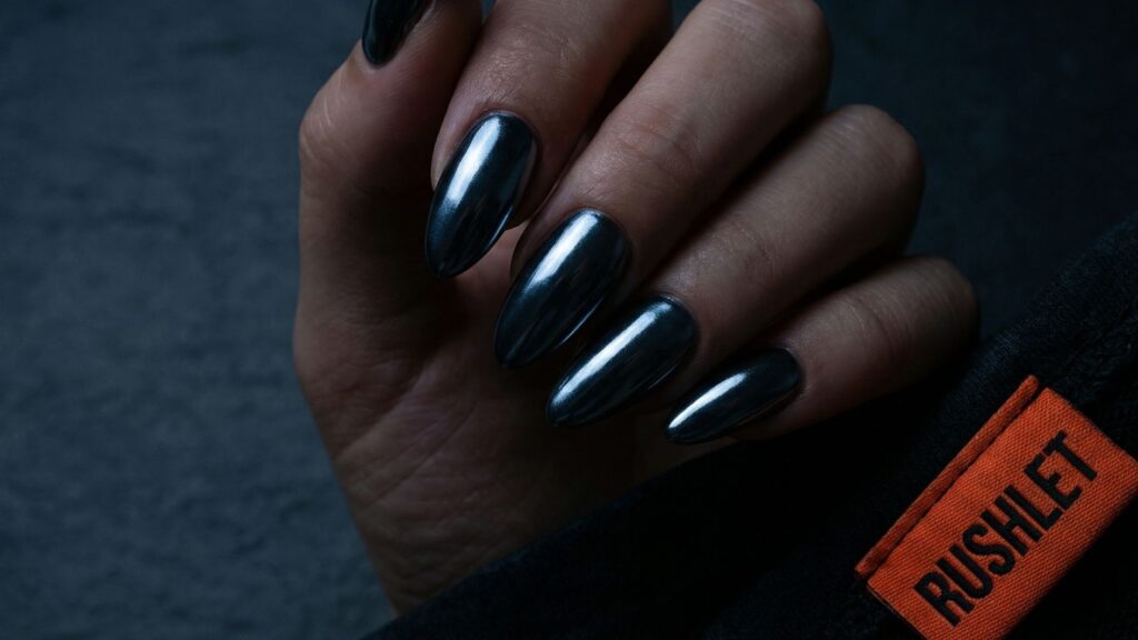 fall chrome nails 2026 gunmetal dark metallic almond
