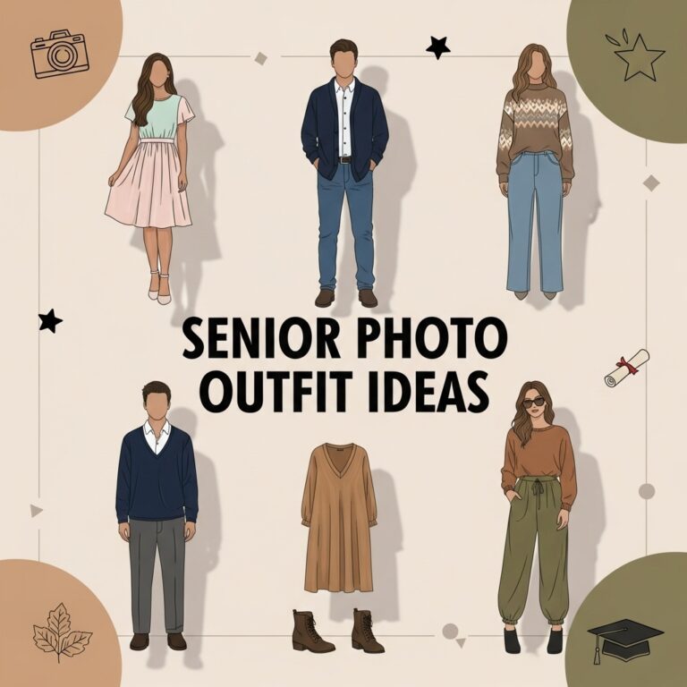 Illustrated collage of senior photo outfit ideas for 2025 with outfits for girls and guys.
