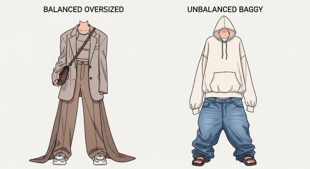 Balanced vs unbalanced oversized outfit illustration for styling tips