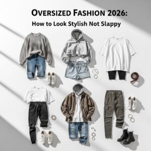 Flat-lay illustration of men’s and women’s oversized 2026 fashion outfits, showing sweaters, hoodies, baggy jeans, oversized tees, and accessories