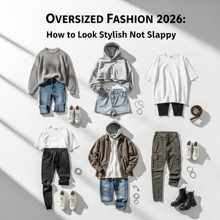 Flat-lay illustration of men’s and women’s oversized 2026 fashion outfits, showing sweaters, hoodies, baggy jeans, oversized tees, and accessories