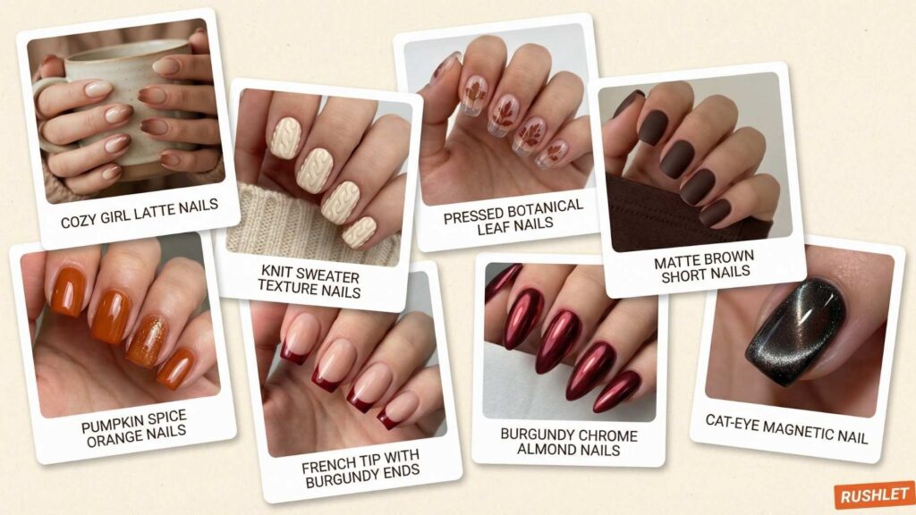 fall nails pinterest 2026 viral inspo collage cozy girl pumpkin spice sweater texture