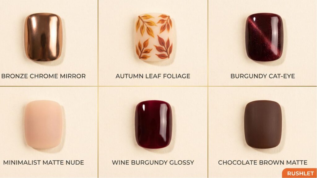 fall nails 2026 trend collage showing chrome, cat eye, foliage and burgundy styles
