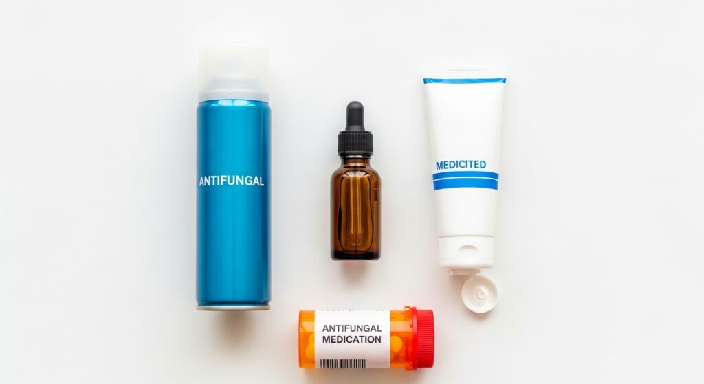 Flat lay of antifungal treatments including tea tree oil, medicated cream, and spray