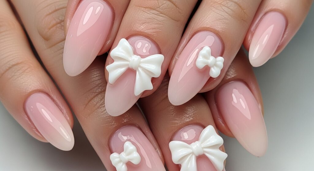 Soft pastel pink nails with 3D white bows, kawaii and trendy 2026 style.