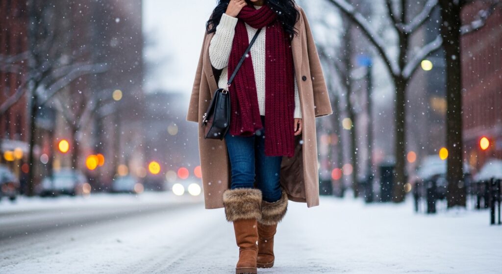 Faux-fur lined winter boots outfit