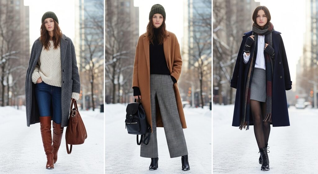 Woman wearing oversized wool coat in winter