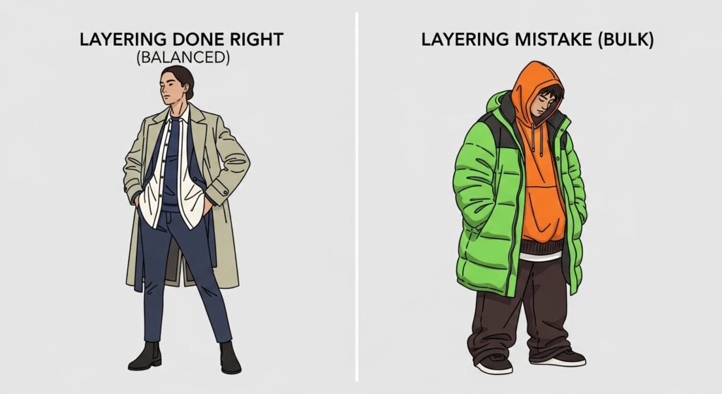 Illustration showing proper vs improper fall layering