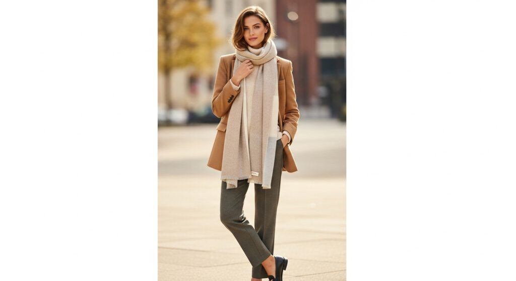 Model wearing camel blazer over turtleneck with tailored pants and scarf