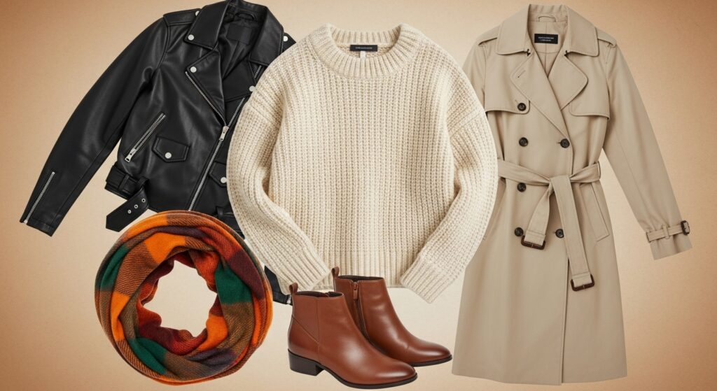 Collage of fall wardrobe staples including sweater, leather jacket, trench coat, scarf, boots