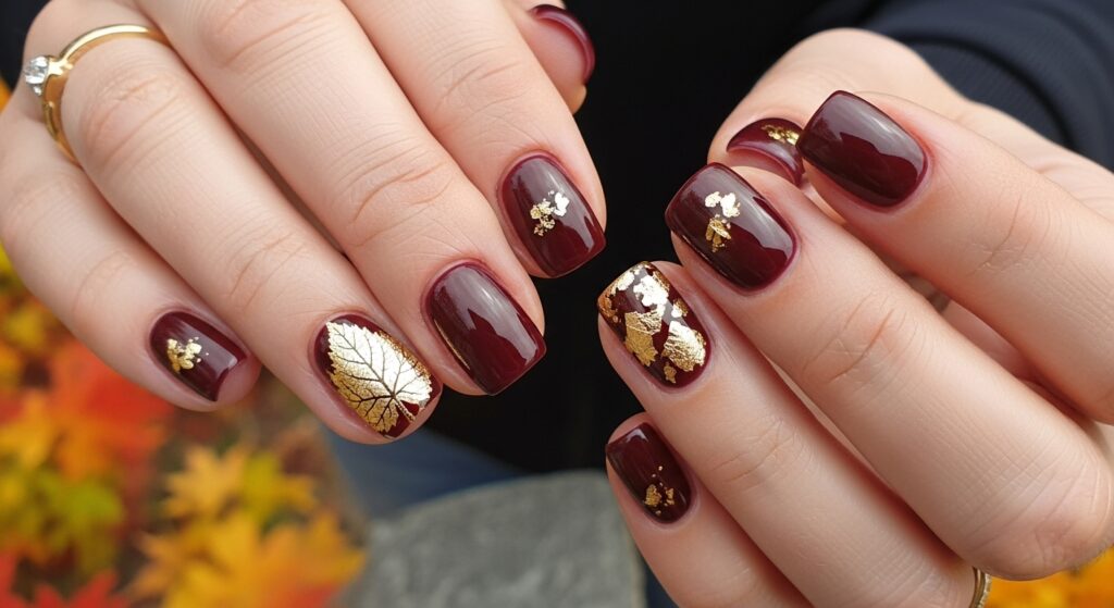 Transparent base nails with gold leaf accents