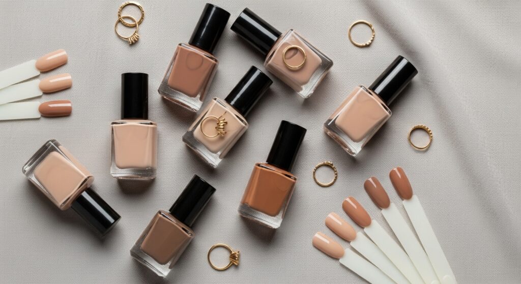 Flat lay of nude nail polishes and swatches