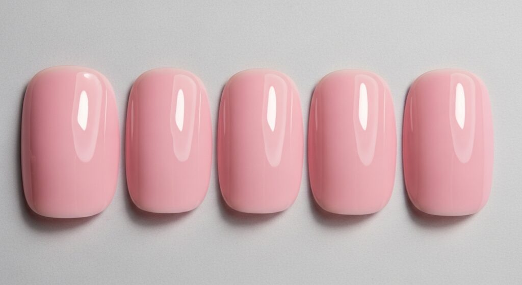 Short glossy baby pink nails, soft and clean look for 2026.
