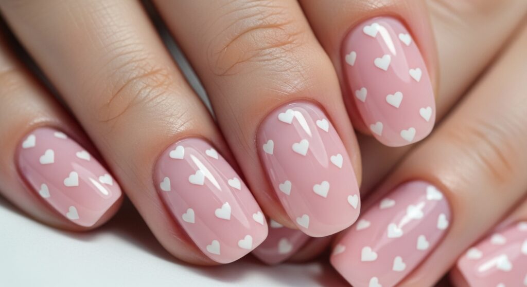 Baby pink nails with tiny white heart designs, cute 2026 manicure.