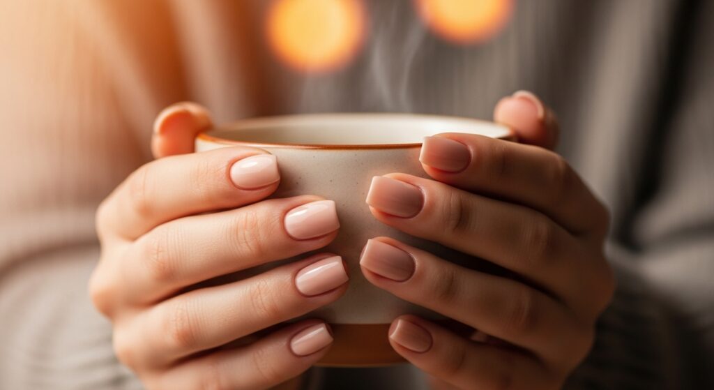 Short nude square nails with coffee