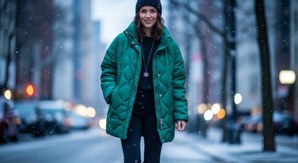 Puffer jacket with leggings outfit