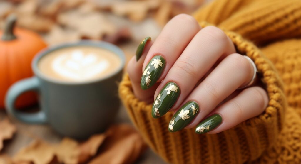 Short square nails painted olive green