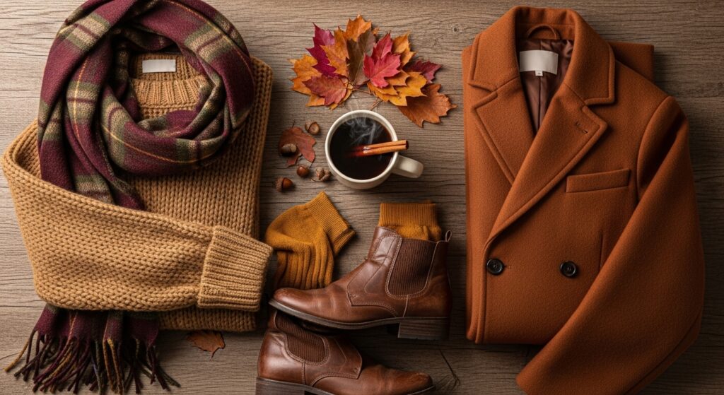 Flat lay of fall essentials: sweater, scarf, coat, boots, mug in earthy tones