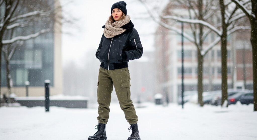 Cargo pants with bomber jacket winter style