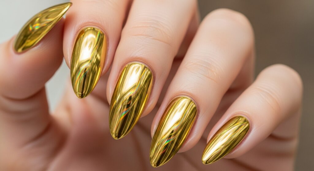 Glam gold chrome nails perfect for fall evenings