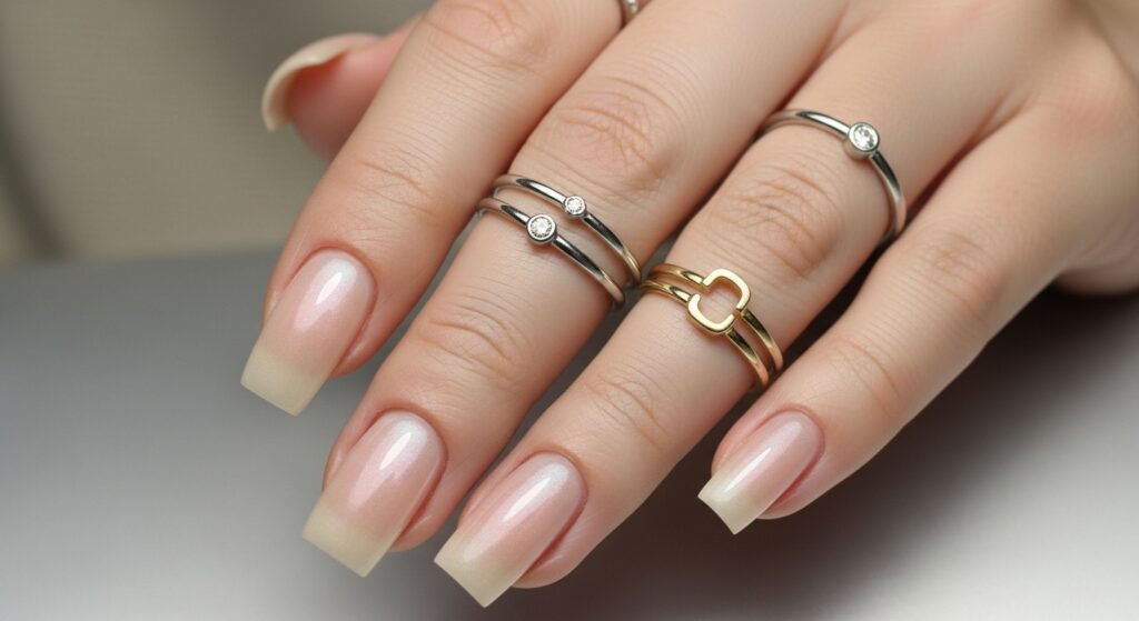 Square nude nails with pearl shine
