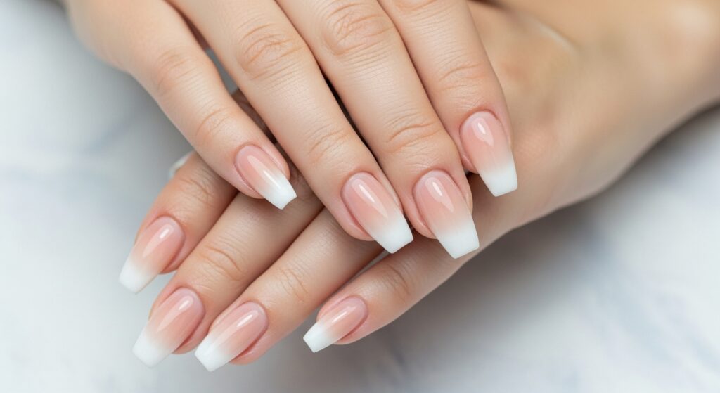 Nude-to-white ombré coffin nails