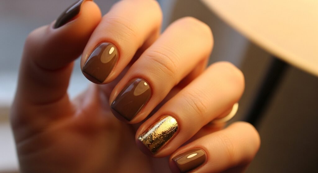 Dark nude nails with gold accent