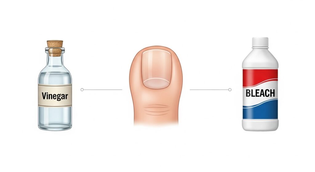 Infographic showing vinegar bottle versus bleach bottle with toenail illustration in the center