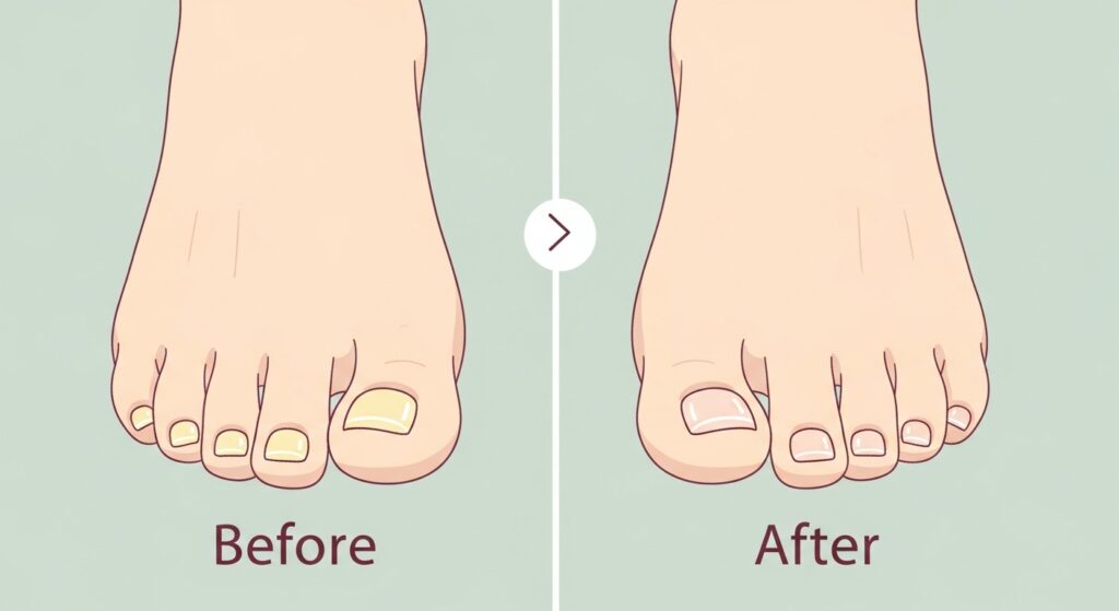 Illustrated before-and-after toenail fungus improvement with gentle pastel colors
