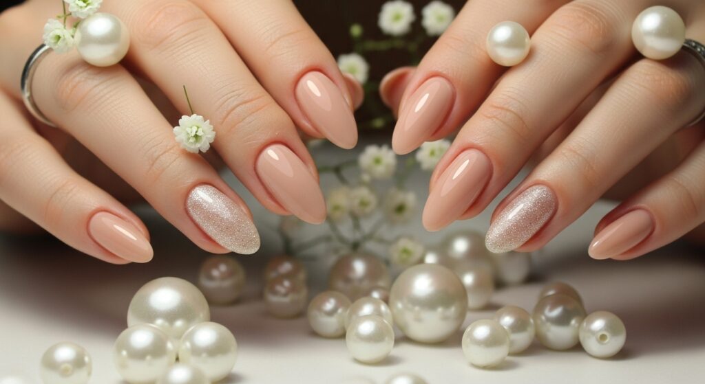 Nude manicure with glitter accent