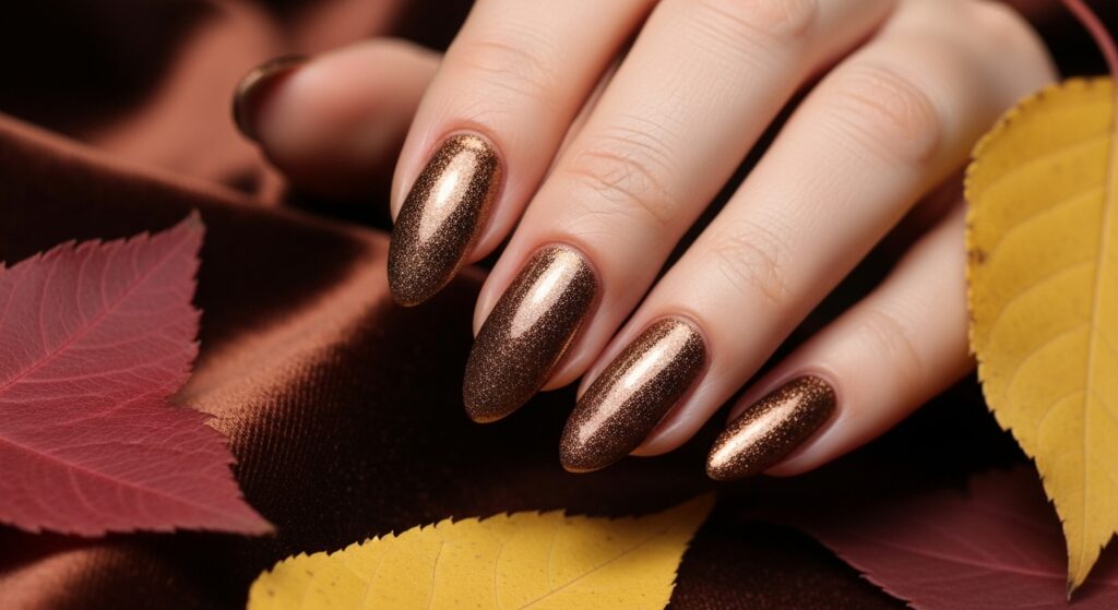 Almond nails in plush bronze velvet finish