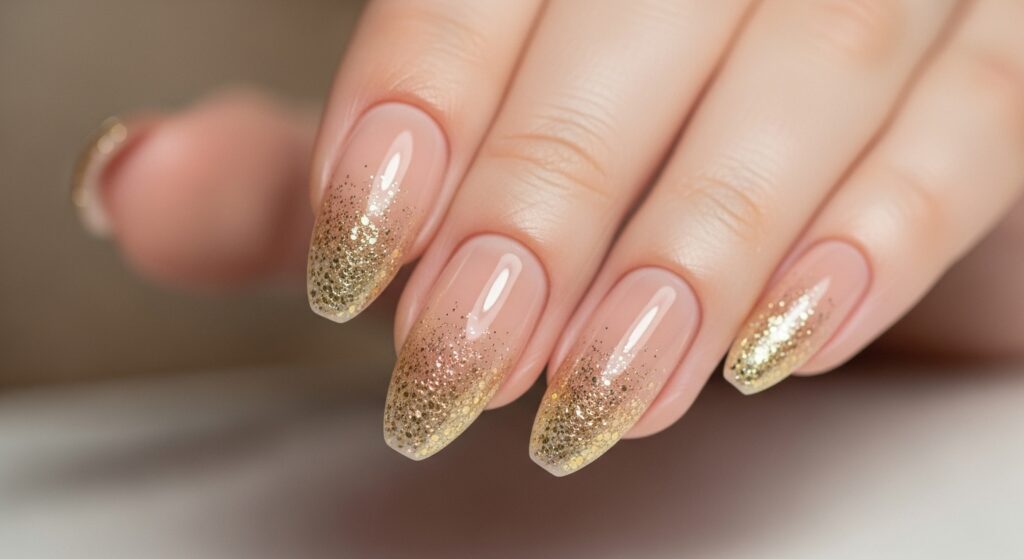 Nude nails with gold-glitter ombré tips