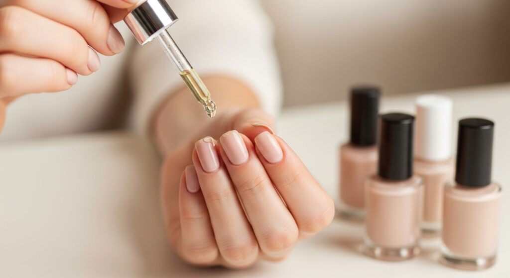Applying cuticle oil on nude nails