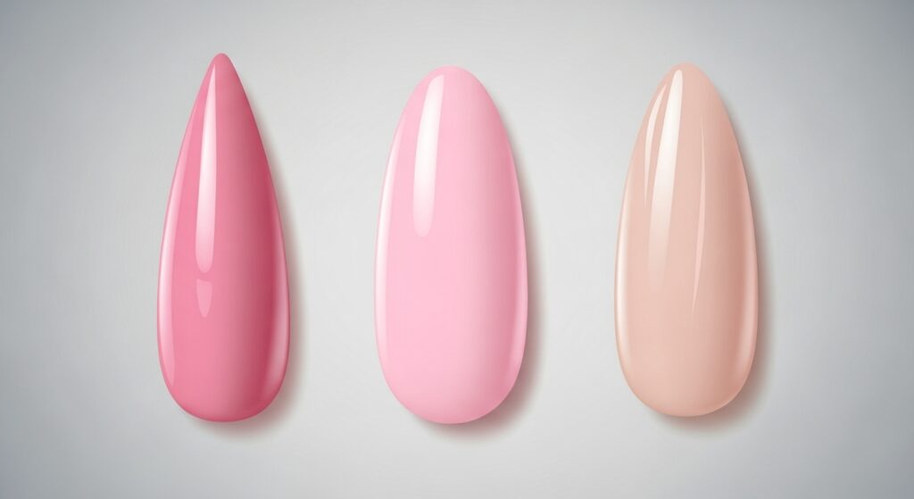 Illustration showing pink acrylic, gel, and natural nails for 2025–2026 with subtle light reflections.