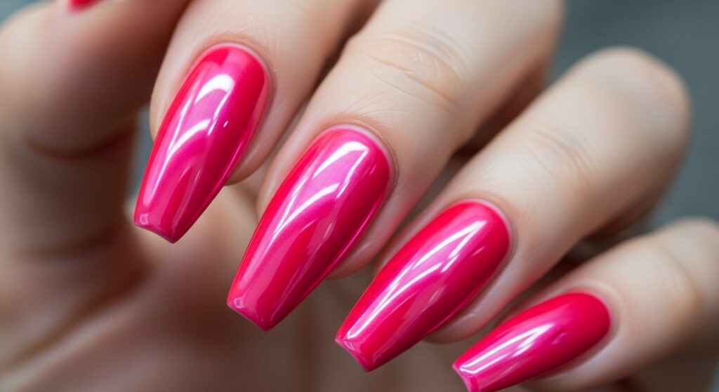Hot pink chrome nails with shiny mirror-like finish, bold 2026 trend.