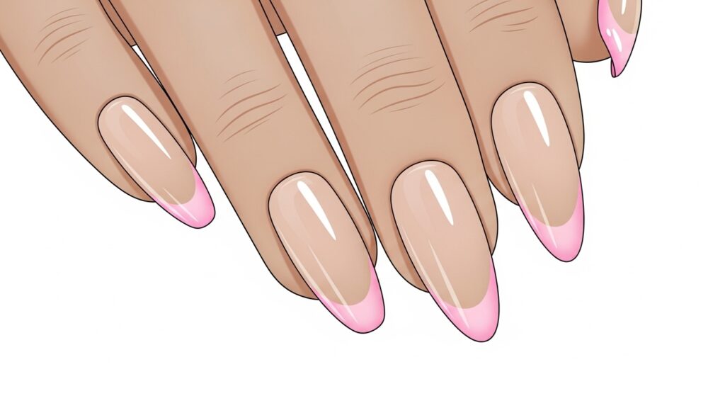 Almond nails with thin pink French tips, cute minimal design for 2026.