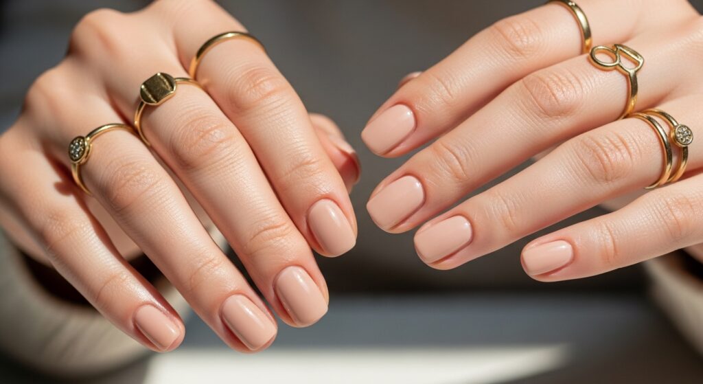 Glossy nude nails with gold rings