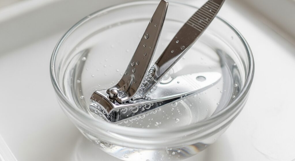 Nail clippers soaking in a diluted bleach solution inside a glass bowl