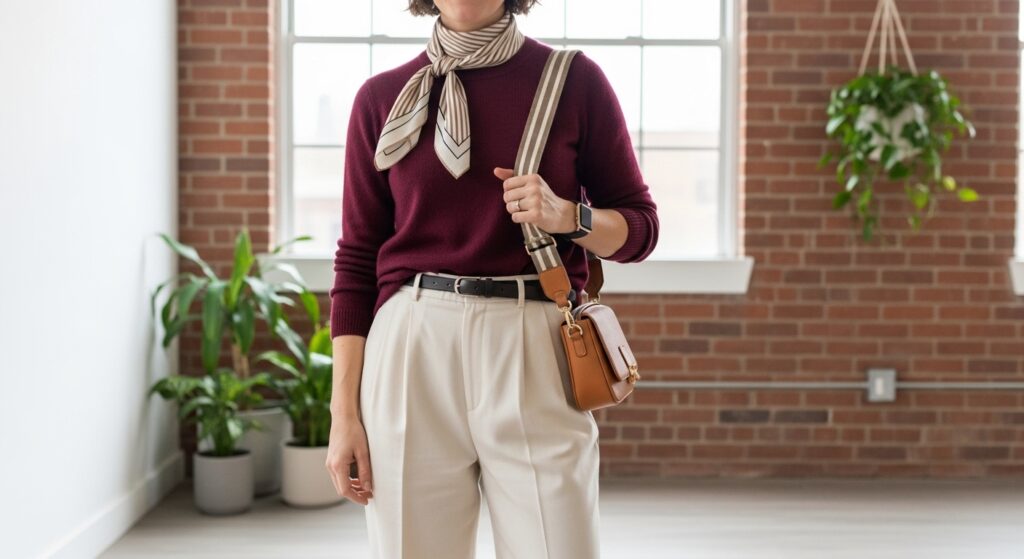 Burgundy sweater layered over cream trousers with striped accessories