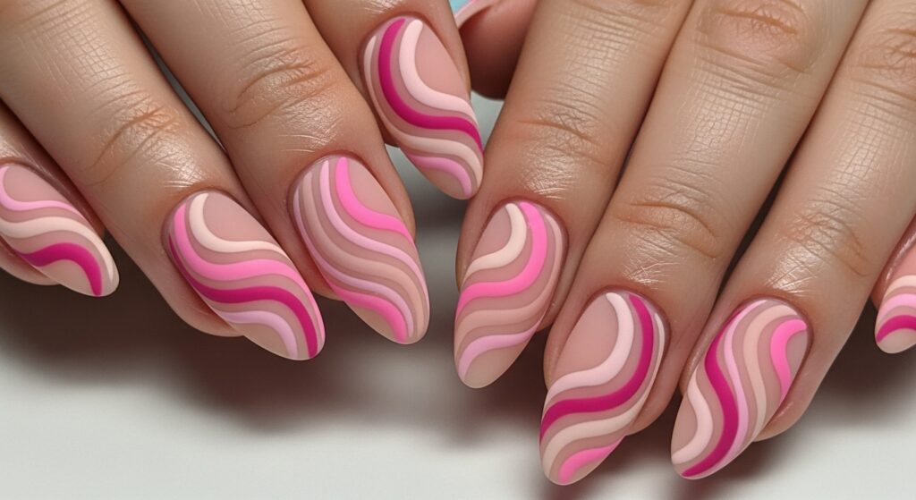 Nude-pink nails with white and hot pink wavy swirl lines, trendy design.