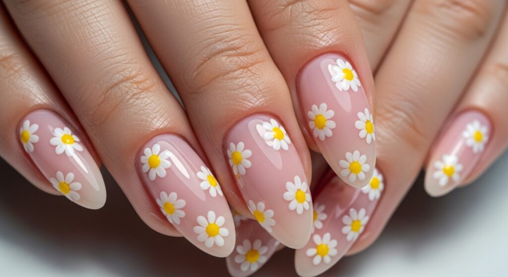 Light pink nails with tiny white daisies and yellow centers, spring 2026.