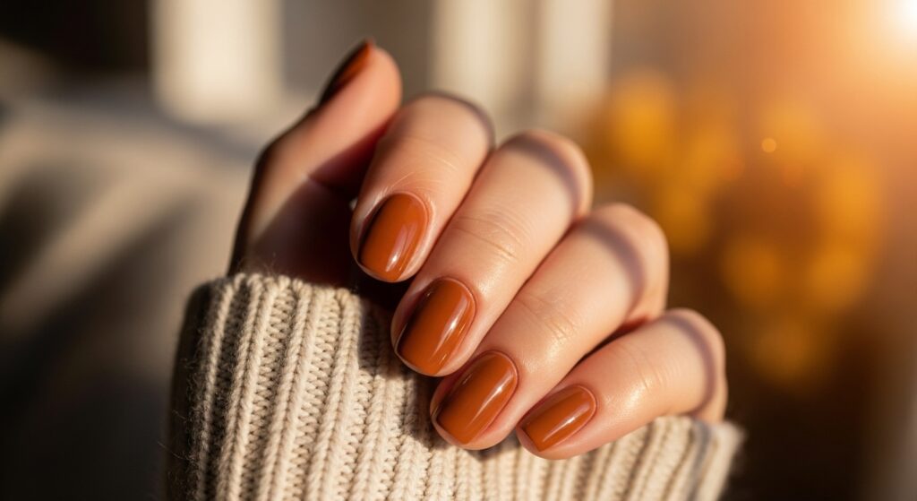 Almond nails painted caramel brown