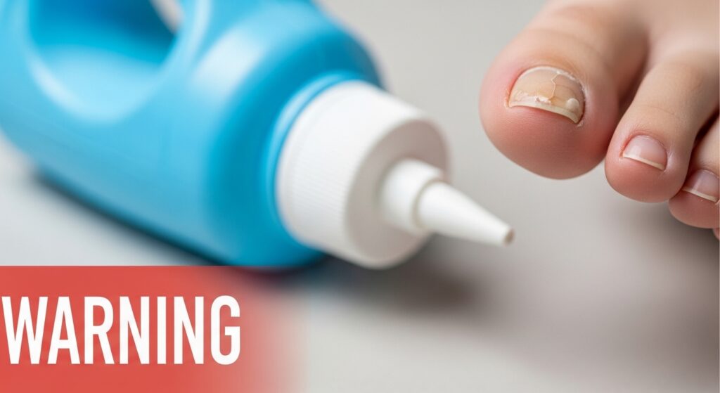 Close-up of toenail fungus with a bleach bottle blurred in the background as a safety warning