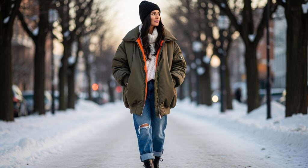 Oversized bomber jacket winter style