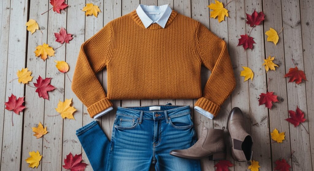 Flat lay of sweater layered over collared shirt with jeans and ankle boots
