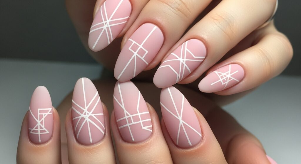 Matte soft pink nails with delicate white geometric line art, minimalist 2026 design.
