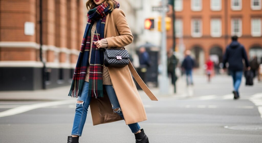 Model in camel coat with plaid scarf, boots, and crossbody bag