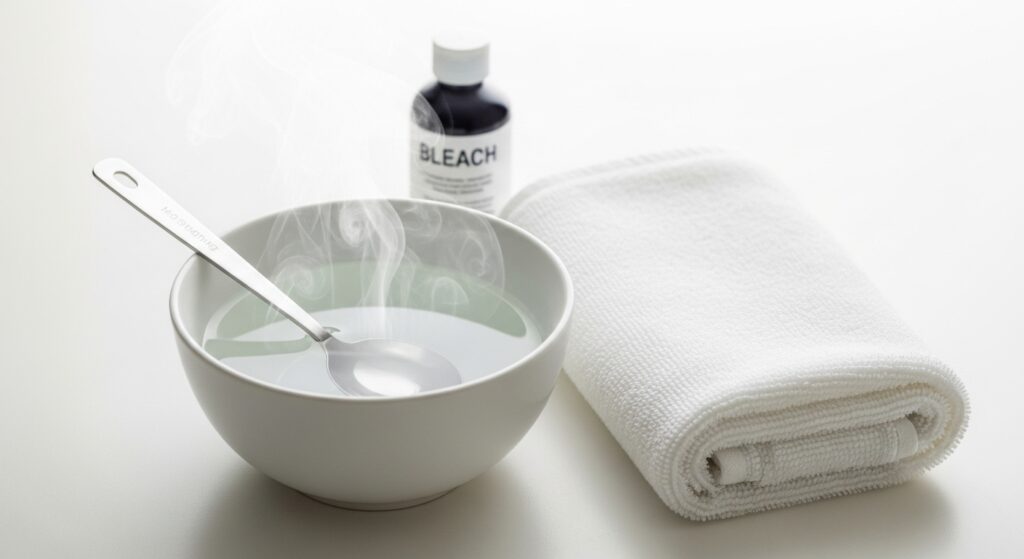 Bowl of water with towel and a small bleach bottle placed safely in the background for demonstration