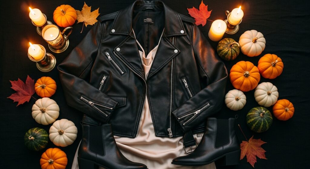 Leather jacket layered over satin slip dress with boots and autumn props