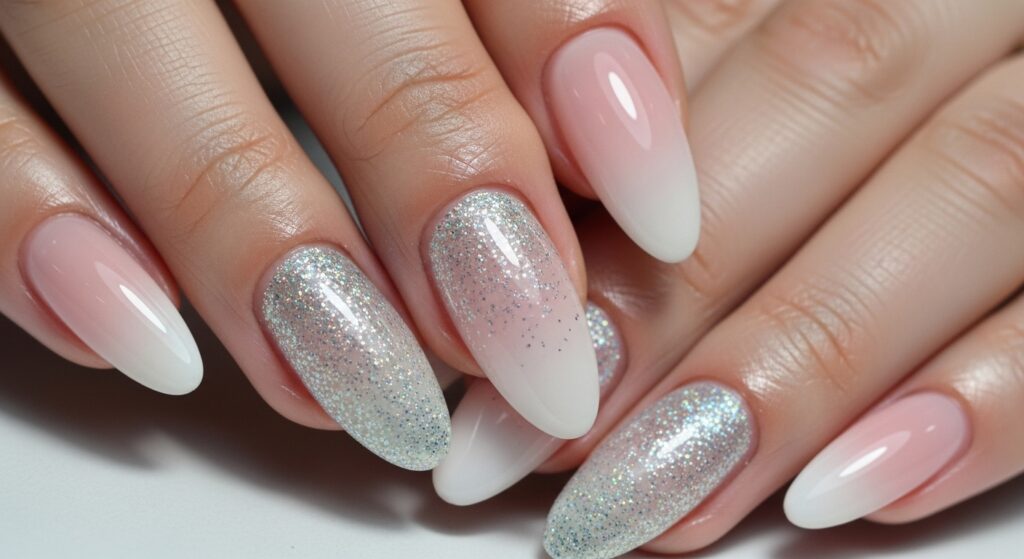 Medium almond nails with pink glitter ombre fade, soft feminine look.